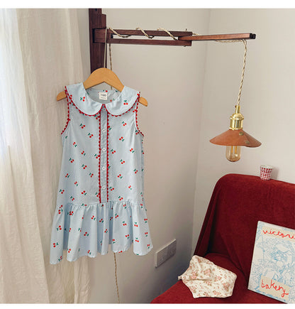 Summer Arrival Baby Girls Sleeveless Cherry Pattern Single Breasted Dress, MyKids-USA®, Baby & Children's Dresses, MyKids-USA - Size/Age - 90 (12-24M) - Color - Blue -  -  - TR2603312351-A.