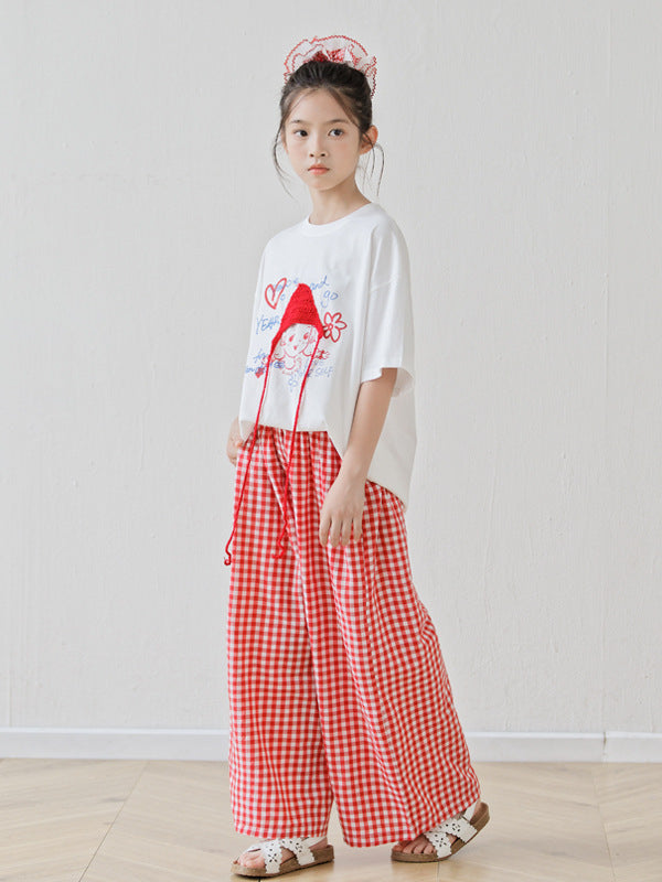 Arrival Summer Baby Kids Girls Short Sleeves Cartoon Pattern T-Shirt and Plaid Pants Sets