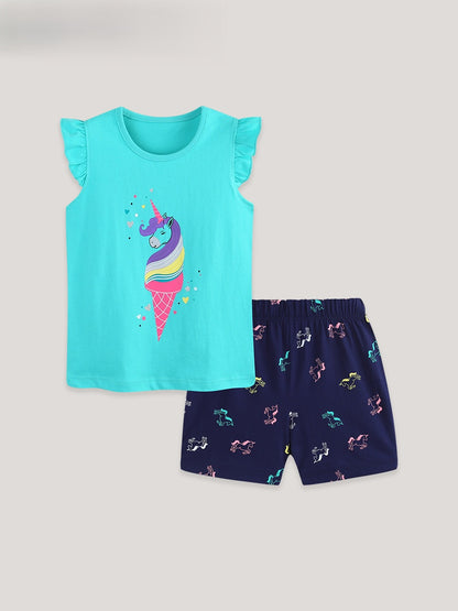 Arrival Summer Baby Kids Girls Fly Sleeves Cartoon Pattern T-shirt and Shorts Clothing Set