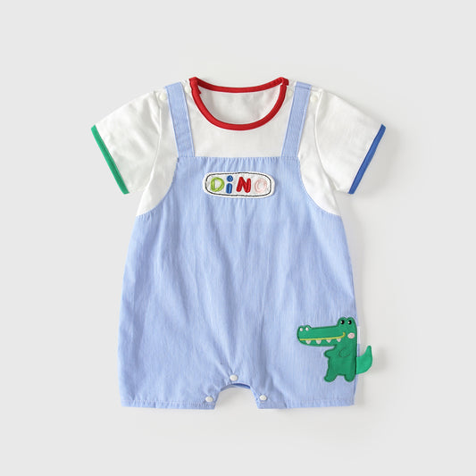 Summer Arrival Baby Boys Short Sleeves Cartoon Pattern Color Patchwork Rompers Bodysuits