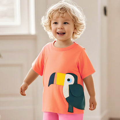 Kids’ Birds Cartoon Pattern Short Sleeves T-shirt in European and American Style for Summer, MyKids-USA®, Baby & Toddler Tops, MyKids-USA - Size/Age - 90 (12-24M) - Color - Orange -  -  - TR2501022048-A