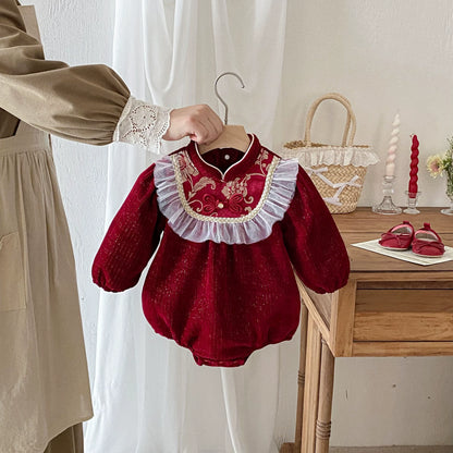 Autumn Arrival Baby Girls Long Sleeves Vintage Flowers Pattern Red Onesies, MyKids-USA®, Baby One-Pieces, MyKids-USA - Size/Age - 66 (3-6M) - Color - Red -  -  - TR2509062324-A