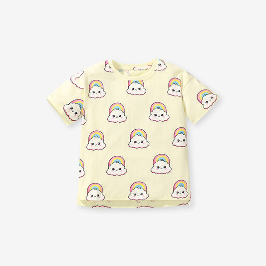 Round Neck Rainbow Clouds Cartoon Girls’ T-Shirt In European And American Style For Summer