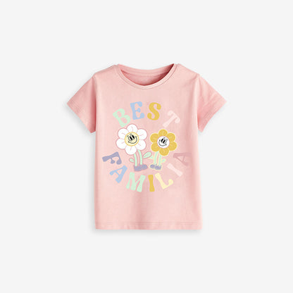 Cute Knit Round Neck Flowers And Letters Printing Girls’ T-Shirt In European And American Style For Summer