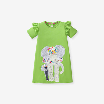 Summer Pure Cotton Animals Pattern Short-sleeved Green Dress for Stylish Girls, MyKids-USA®, Baby & Toddler Dresses, MyKids-USA - Size/Age - 90 (12-24M) - Color - Green -  -  - TR2501032225-A