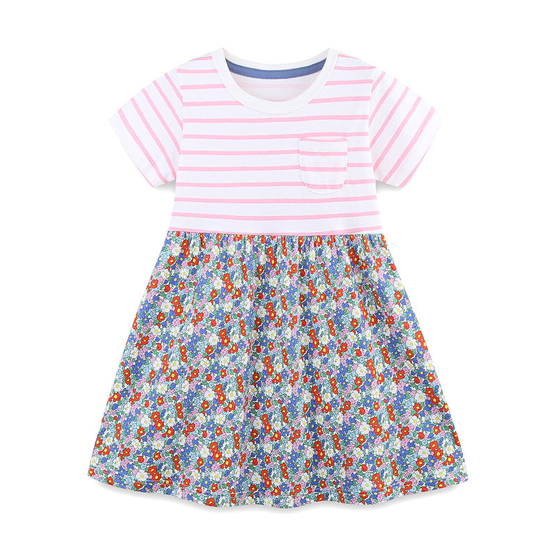 Summer Arrival Striped and Flowers Pattern Short Sleeves Color Patchwork Dress for Stylish Girls, MyKids-USA®, Baby & Toddler Dresses, MyKids-USA - Size/Age - 90 (12-24M) - Color - Colorful -  -  - TR2506071649-A