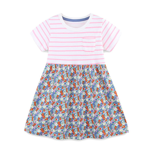 Summer Arrival Striped and Flowers Pattern Short Sleeves Color Patchwork Dress for Stylish Girls, MyKids-USA®, Baby & Toddler Dresses, MyKids-USA - Size/Age - 90 (12-24M) - Color - Colorful -  -  - TR2506071649-A