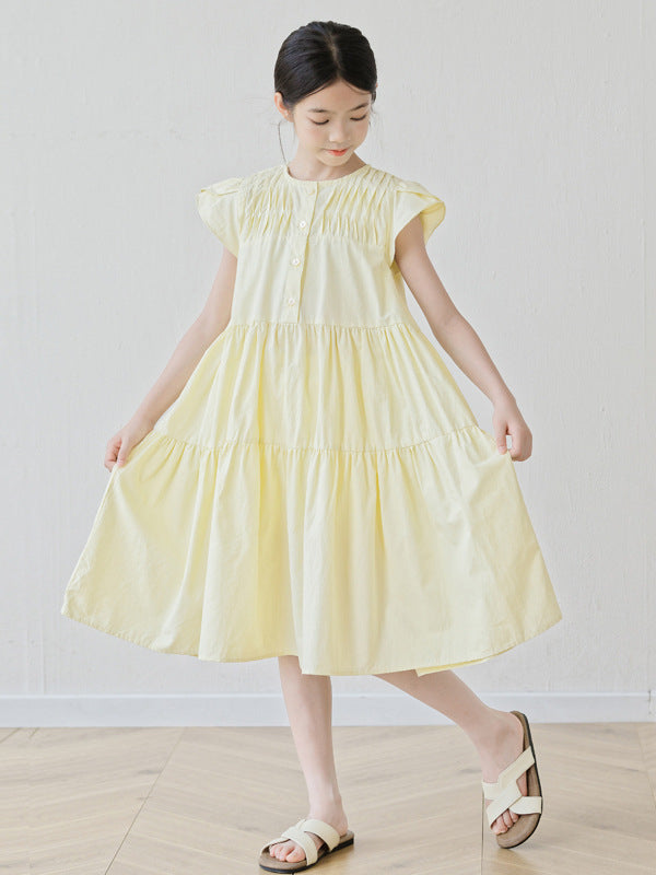 Summer Arrival Short Sleeves Patchwork Design Plain Dress for Stylish Girls
