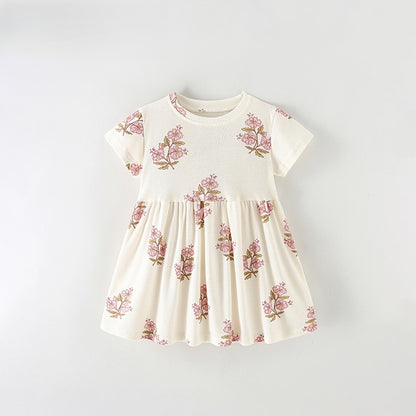 Summer Baby Kids Girls Short Sleeves Flowers Pattern Dress