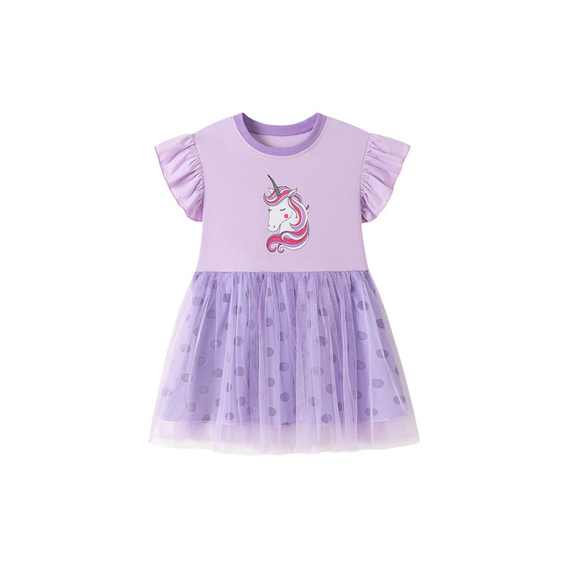 Summer Arrival Cartoon and Polka Dots Pattern Fly Sleeves Dress for Stylish Girls, MyKids-USA®, Baby & Toddler Dresses, MyKids-USA - Size/Age - 100 (2-3Y) - Color - Purple -  -  - TR2512291008-A.