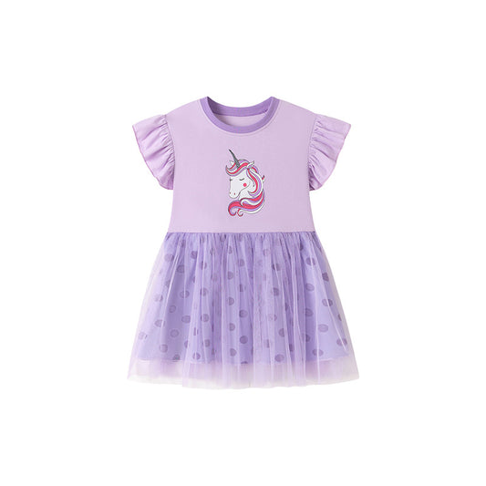Summer Arrival Cartoon and Polka Dots Pattern Fly Sleeves Dress for Stylish Girls, MyKids-USA®, Baby & Toddler Dresses, MyKids-USA - Size/Age - 100 (2-3Y) - Color - Purple -  -  - TR2512291008-A.