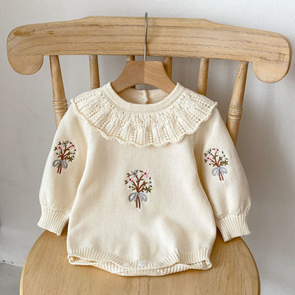 Autumn Design Baby Girls Flowers Embroidery Pattern Long Sleeves Ruffle Collar Knitted Onesies, MyKids-USA®, Baby One-Pieces, MyKids-USA - Size/Age - 66 (3-6M) - Color - White -  -  - TR2408222033-E