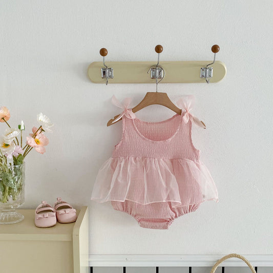 Summer Arrival Baby Girls Sleeveless Tulle Patchwork Pink Bodysuit