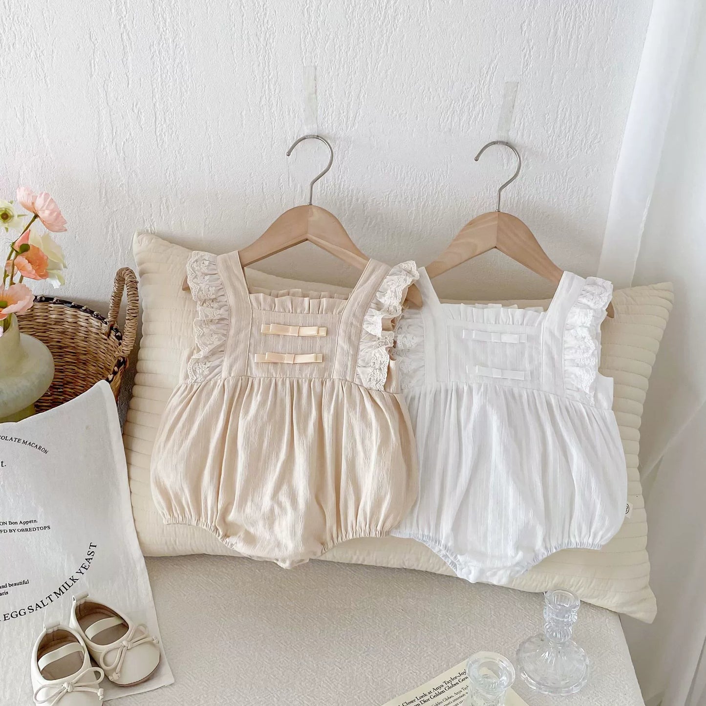 Summer Arrival Baby Girls Solid Color Lace Decorated Fly Sleeves Onesies, MyKids-USA®, Baby One-Pieces, MyKids-USA -  -  -  -  -  -  - 