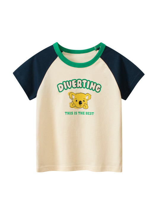 Boys’ Koala Cartoon Print Color Patchwork T-Shirt In European And American Style