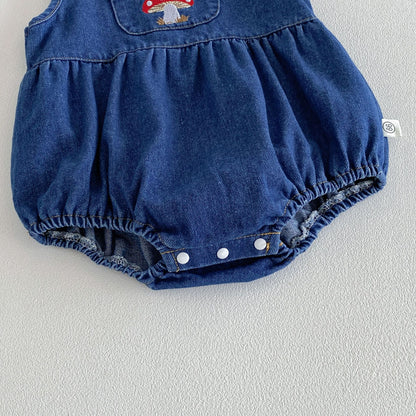 Summer Arrival Baby Girls Sleeveless Mushroom Pattern Denim Bodysuit