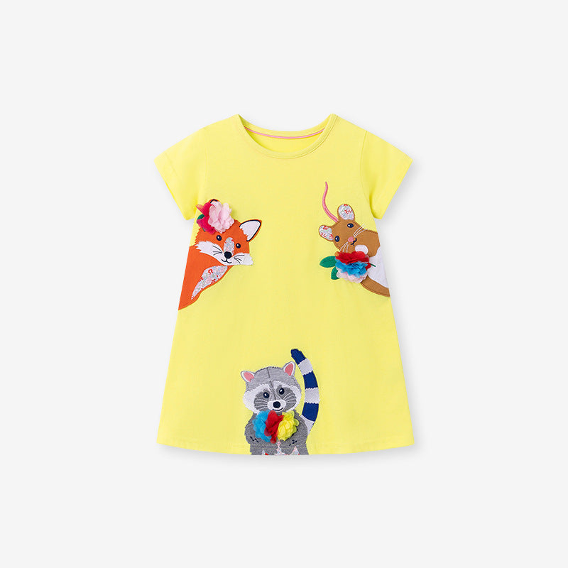 Summer Arrival Animals Cartoon Pattern Short Sleeves Dress for Stylish Girls, MyKids-USA®, Baby & Toddler Dresses, MyKids-USA - Size/Age - 90 (12-24M) - Color - Yellow -  -  - TR2505072201-A