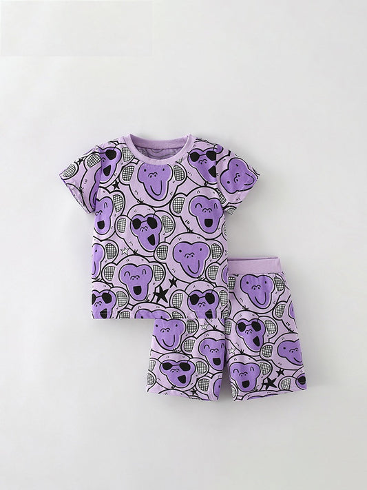 Summer Baby Kids Girls Cartoon Monkey Pattern Short Sleeves T-Shirt And Shorts Casual Clothing Set