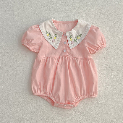 Summer Baby Kids Girls Flowers Embroidery Collar Onesies And Girls’ Dress – Princess Sister Matching Set