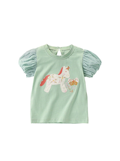 Summer Girls’ Pony and Flowers Pattern T-shirt in European and American Style, MyKids-USA®, Baby & Toddler Tops, MyKids-USA -  -  -  -  -  -  - 