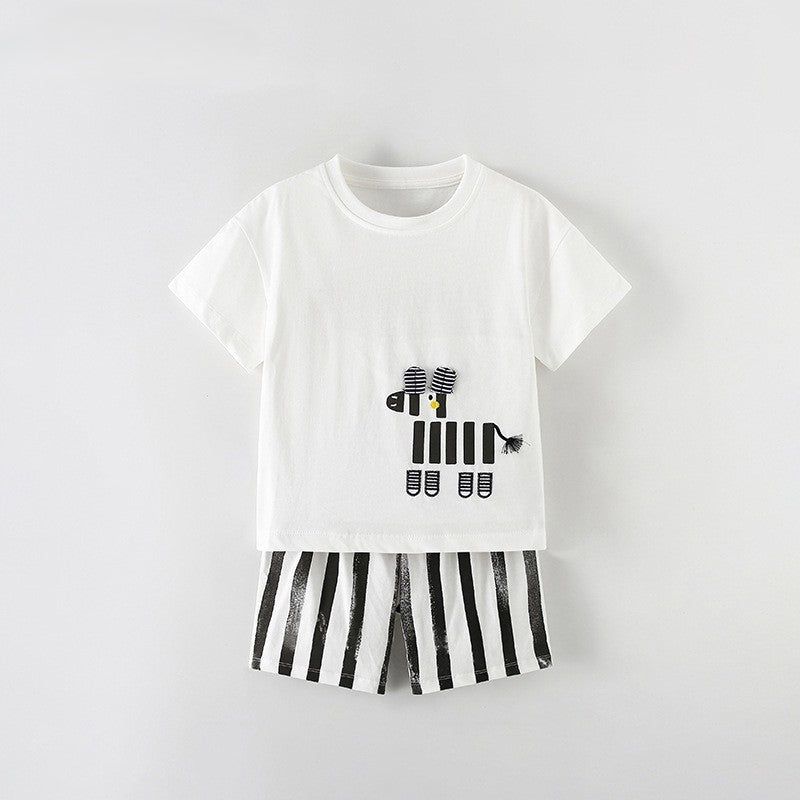 Arrival Summer Baby Kids Boys Short Sleeves Cartoon Pattern T-shirt and Striped Shorts Clothing Set