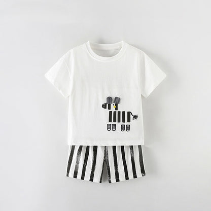 Arrival Summer Baby Kids Boys Short Sleeves Cartoon Pattern T-shirt and Striped Shorts Clothing Set