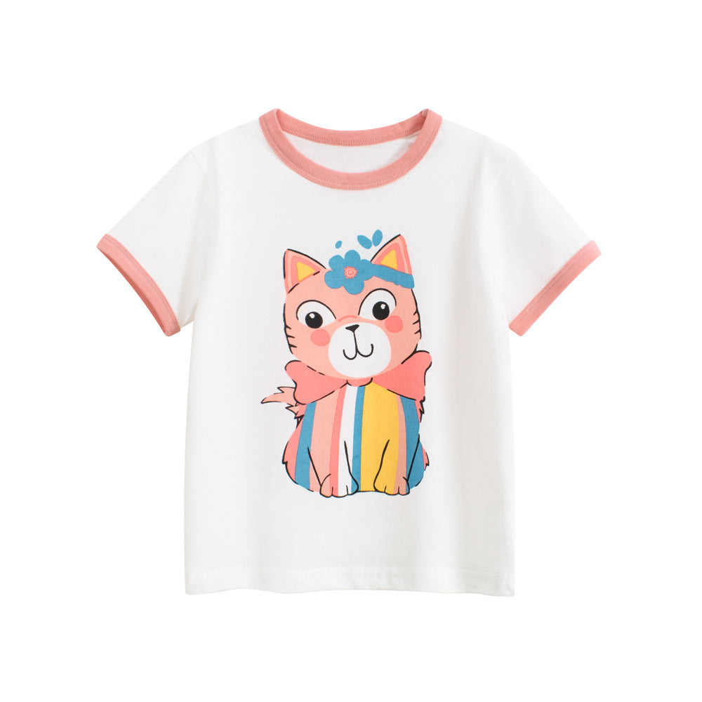 Summer Girls’ Cartoon Cats Pattern Printed T-shirt in European and American Style, MyKids-USA®, Baby & Toddler Tops, MyKids-USA - Size/Age - 90 (12-24M) - Color - White -  -  - TR2506171640-A