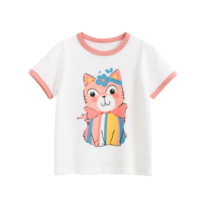 Summer Girls’ Cartoon Cats Pattern Printed T-shirt in European and American Style, MyKids-USA®, Baby & Toddler Tops, MyKids-USA - Size/Age - 90 (12-24M) - Color - White -  -  - TR2506171640-A