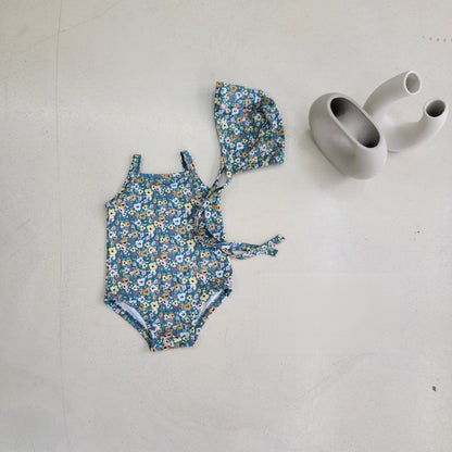 Arrival Girls’ Plaid and Floral Pattern Swimwear with Hat Set, MyKids-USA®, Baby & Toddler Swimwear, MyKids-USA - Size/Age - 66 (3-6M) - Color - Blue -  -  - TR2605282251-B.