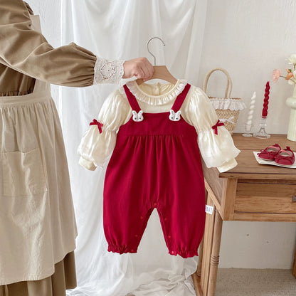 Autumn Arrival Baby Girls Long Sleeves Rabbit Cartoon Pattern Color Patchwork Rompers, MyKids-USA®, Baby One-Pieces, MyKids-USA - Size/Age - 66 (3-6M) - Color - Red -  -  - TR2508252309-A