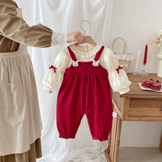 Autumn Arrival Baby Girls Long Sleeves Rabbit Cartoon Pattern Color Patchwork Rompers, MyKids-USA®, Baby One-Pieces, MyKids-USA - Size/Age - 66 (3-6M) - Color - Red -  -  - TR2508252309-A