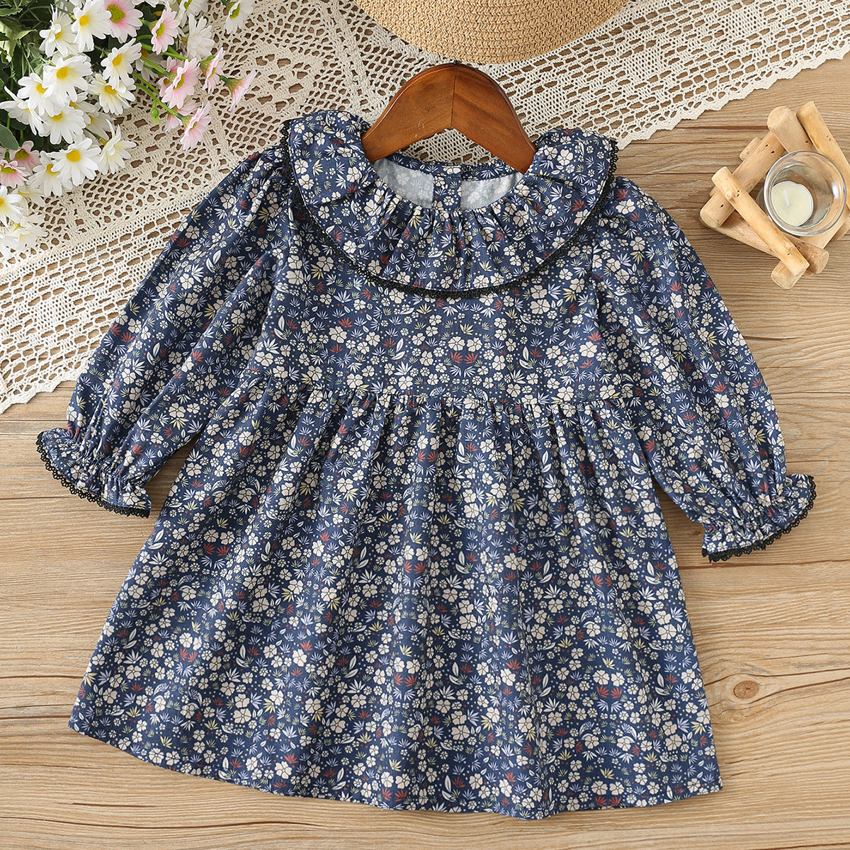 Arrival Autumn Girls Flowers Pattern Long Sleeves Dress with Collar, MyKids-USA®, Baby & Toddler Dresses, MyKids-USA - Size/Age - 90 (12-24M) - Color - Navy Blue (Dark Blue) -  -  - TR2508132259-A.