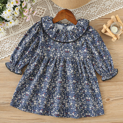Arrival Autumn Girls Flowers Pattern Long Sleeves Dress with Collar, MyKids-USA®, Baby & Toddler Dresses, MyKids-USA - Size/Age - 90 (12-24M) - Color - Navy Blue (Dark Blue) -  -  - TR2508132259-A.