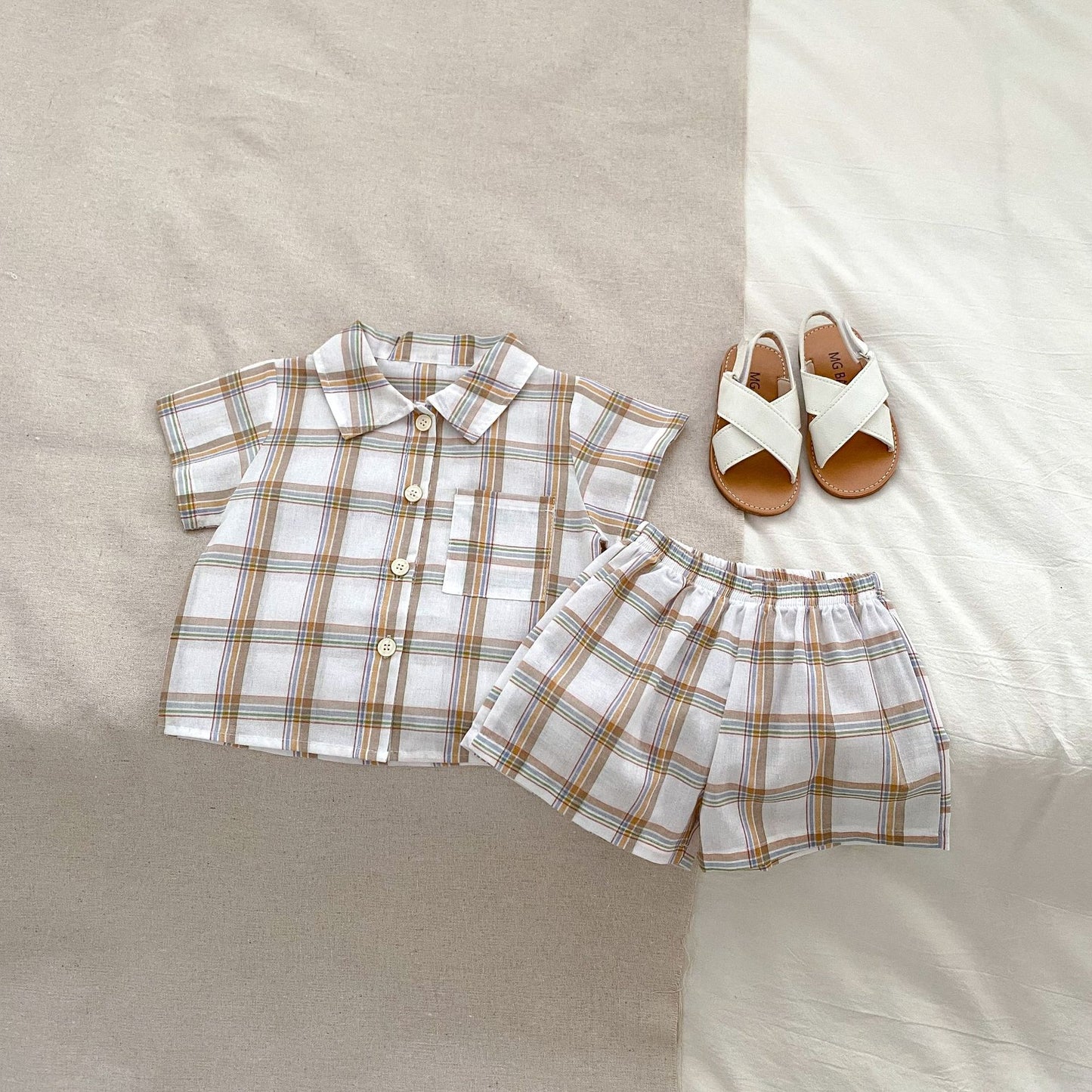 Summer Baby Kids Boys Plaid/Striped Pattern Turn-Down Collar Shirt And Shorts Clothing Set