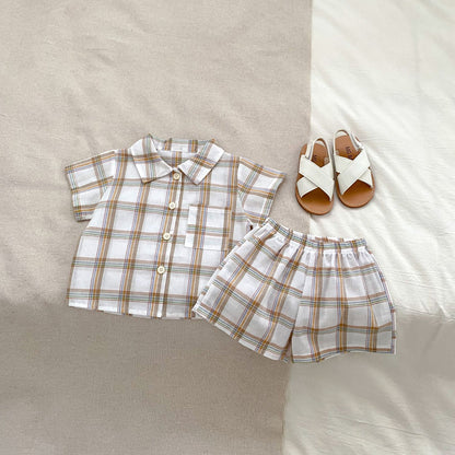 Summer Baby Kids Boys Plaid/Striped Pattern Turn-Down Collar Shirt And Shorts Clothing Set