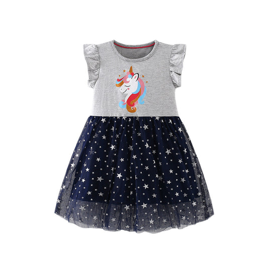 Summer Arrival Horse and Stars Pattern Fly Sleeves Crew Neck Dress for Stylish Girls, MyKids-USA®, Baby & Children's Dresses, MyKids-USA - Size/Age - 90 (12-24M) - Color - Grey -  -  - TR2604022249-A.