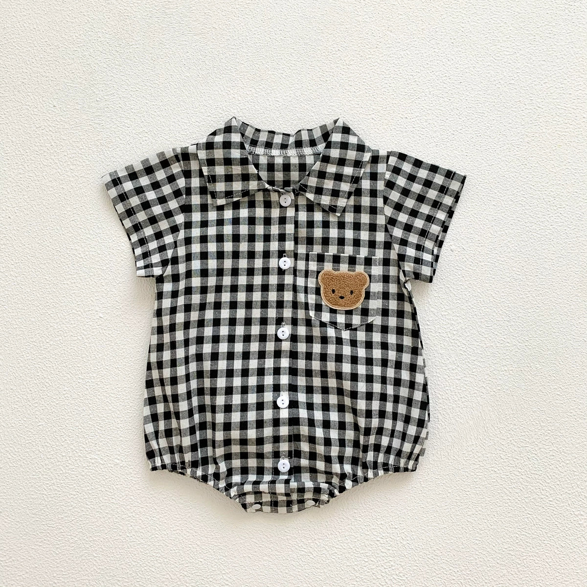 Summer Arrival Baby Boys Plaid and Teddy Bear Pattern Short Sleeves Onesies with Turn-down Collar, MyKids-USA®, Baby One-Pieces, MyKids-USA - Size/Age - 66 (3-6M) - Color - Black -  -  - TR2506182019-A