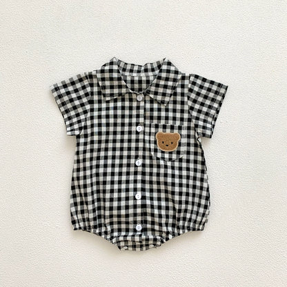 Summer Arrival Baby Boys Plaid and Teddy Bear Pattern Short Sleeves Onesies with Turn-down Collar, MyKids-USA®, Baby One-Pieces, MyKids-USA - Size/Age - 66 (3-6M) - Color - Black -  -  - TR2506182019-A