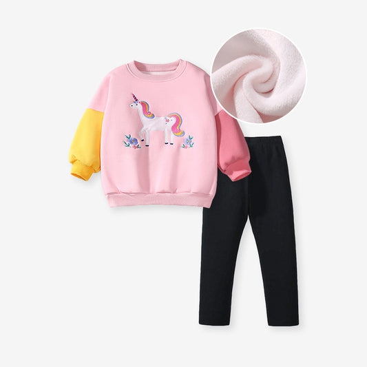Spring And Autumn Girls Cartoon Unicorn Pattern Color Patchwork Long Sleeves Top Sweatshirt And Solid Color Pants Clothing Set, MyKids-USA®, Baby & Toddler Outfits, MyKids-USA - Size/Age - 90 (12-24M) - Color - Pink -  -  - TR2407022359-A