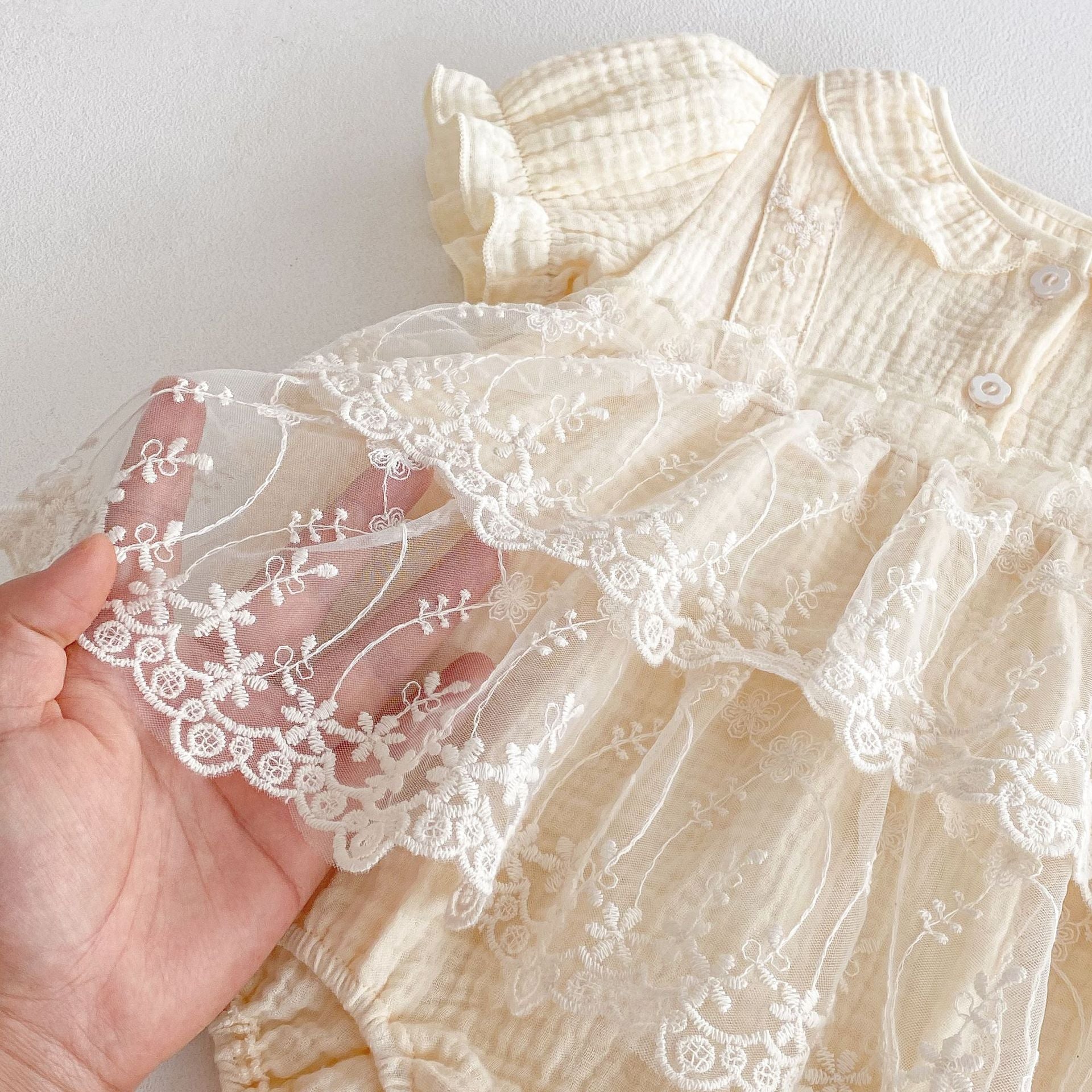 Summer Arrival Baby Girls Cute Solid Color Floral Embroidery Tulle Patchwork Short Sleeves Dress Design Onesies, MyKids-USA®, Baby One-Pieces, MyKids-USA -  -  -  -  -  -  - 