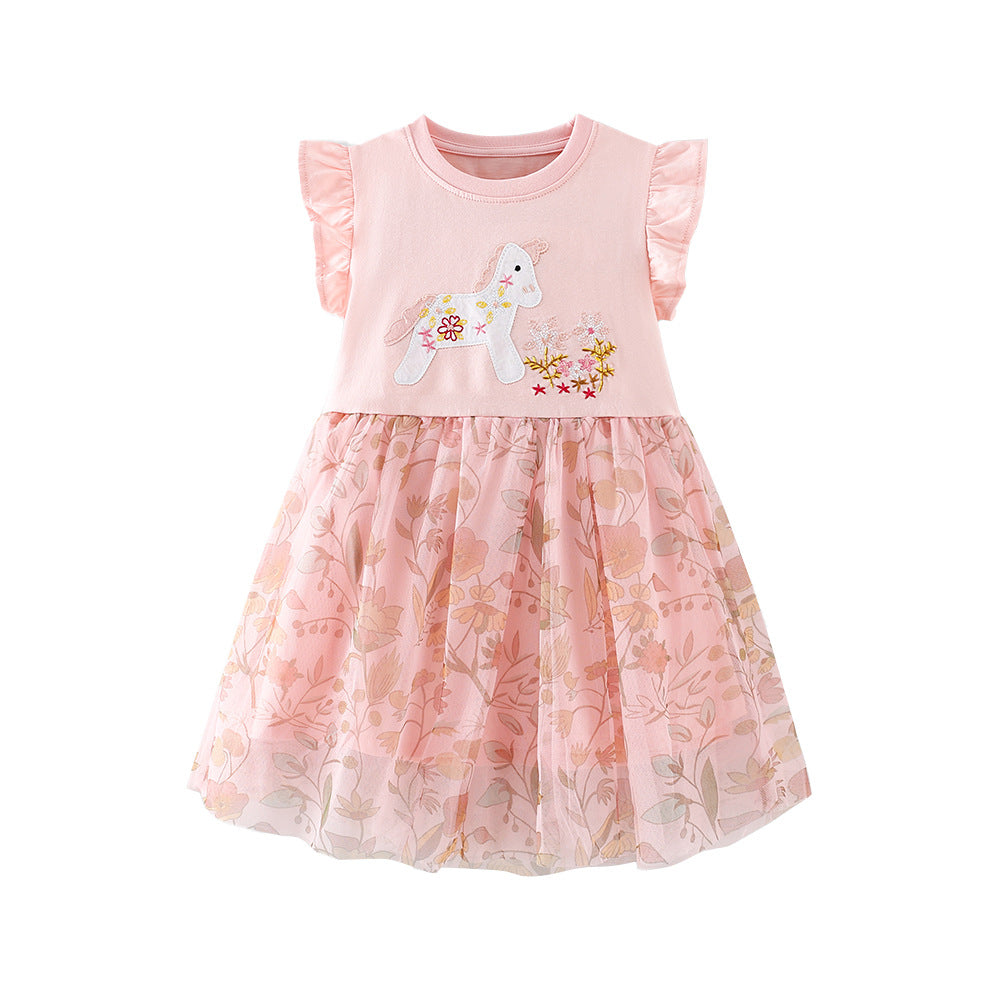 Summer Arrival Flowers and Horse Pattern Fly Sleeves Crew Neck Dress for Stylish Girls, MyKids-USA®, Baby & Children's Dresses, MyKids-USA - Size/Age - 90 (12-24M) - Color - Pink -  -  - TR2604072141-A.