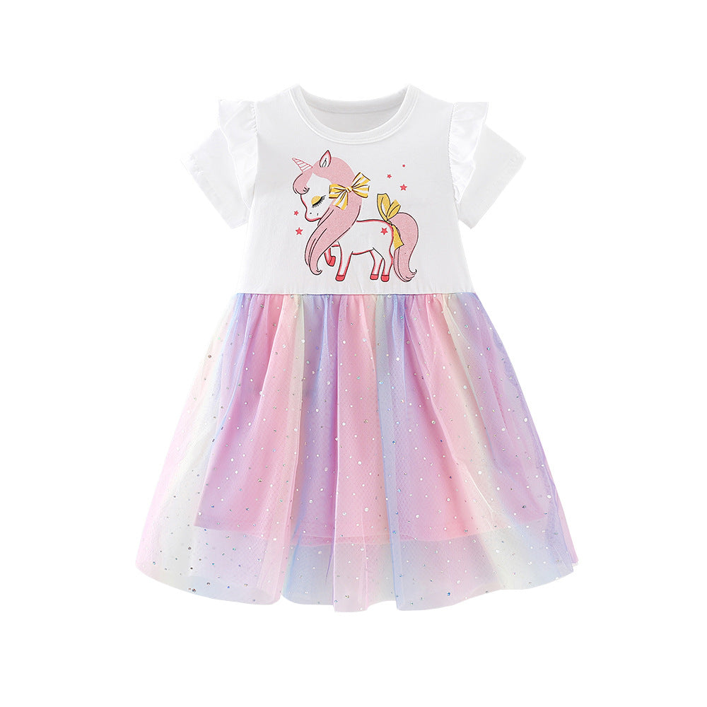 Summer Arrival Cartoon Pattern Short Sleeves Crew Neck Dress for Stylish Girls, MyKids-USA®, Baby & Toddler Dresses, MyKids-USA - Size/Age - 90 (12-24M) - Color - Purple -  -  - TR2603312248-A.