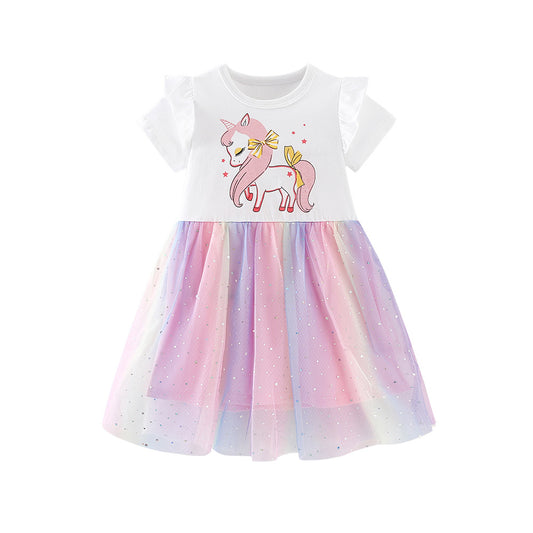 Summer Arrival Cartoon Pattern Short Sleeves Crew Neck Dress for Stylish Girls, MyKids-USA®, Baby & Toddler Dresses, MyKids-USA - Size/Age - 90 (12-24M) - Color - Purple -  -  - TR2603312248-A.