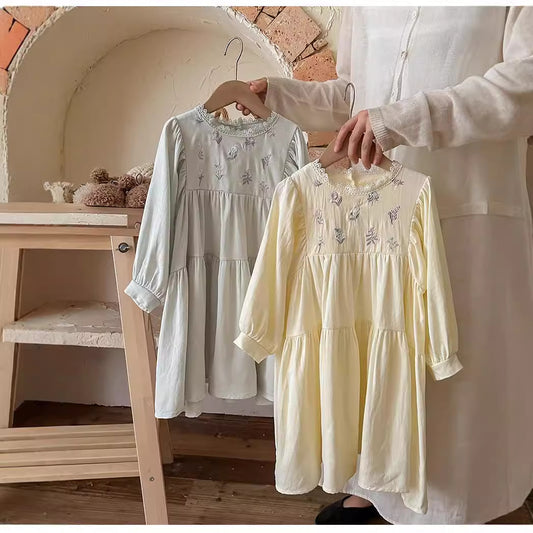 Design Autumn Girls Flowers Embroidery Pattern Long Sleeves French Style Lace Trim Ruffle Neck Dress, MyKids-USA®, Baby & Toddler Dresses, MyKids-USA -  -  -  -  -  -  - 