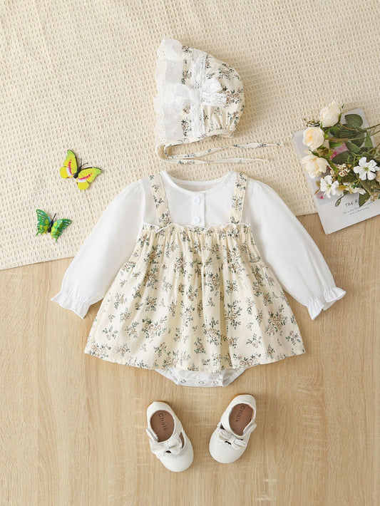 Baby Girl Floral Pattern Round Neck Long Sleeve Onesie Dress