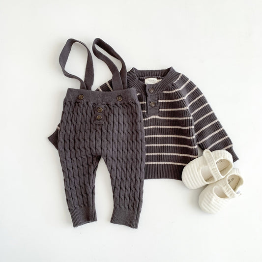 Spring and Autumn Baby Kids Unisex Striped Long Sleeves Top and Sleeveless Overalls Knitted Clothing Set, MyKids-USA®, Baby & Toddler Outfits, MyKids-USA - Size/Age - 66 (3-6M) - Color - Grey -  -  - TR2510262335-A