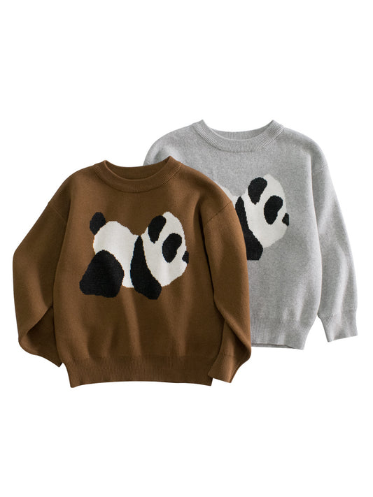 Baby Boy Kids Panda Pattern Crew Neck Long Sleeves Knitwear Pullover