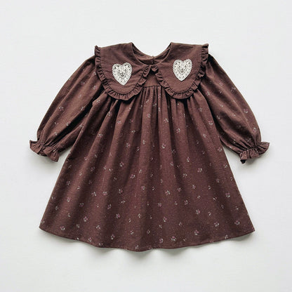 Arrival Autumn Girls Hearts Embroidery and Floral Printed Pattern Long Sleeves Dress, MyKids-USA®, Baby & Toddler Dresses, MyKids-USA - Size/Age - 90 (12-24M) - Color - Coffee -  -  - TR2508112142-A