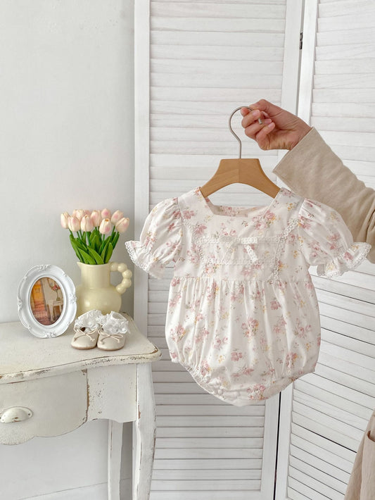 Arrival Summer Girls Floral Print Square Neck Short Sleeves Onesies, MyKids-USA®, Baby One-Pieces, MyKids-USA - Size/Age - 66 (3-6M) - Color - Pink -  -  - TR2403272301-A