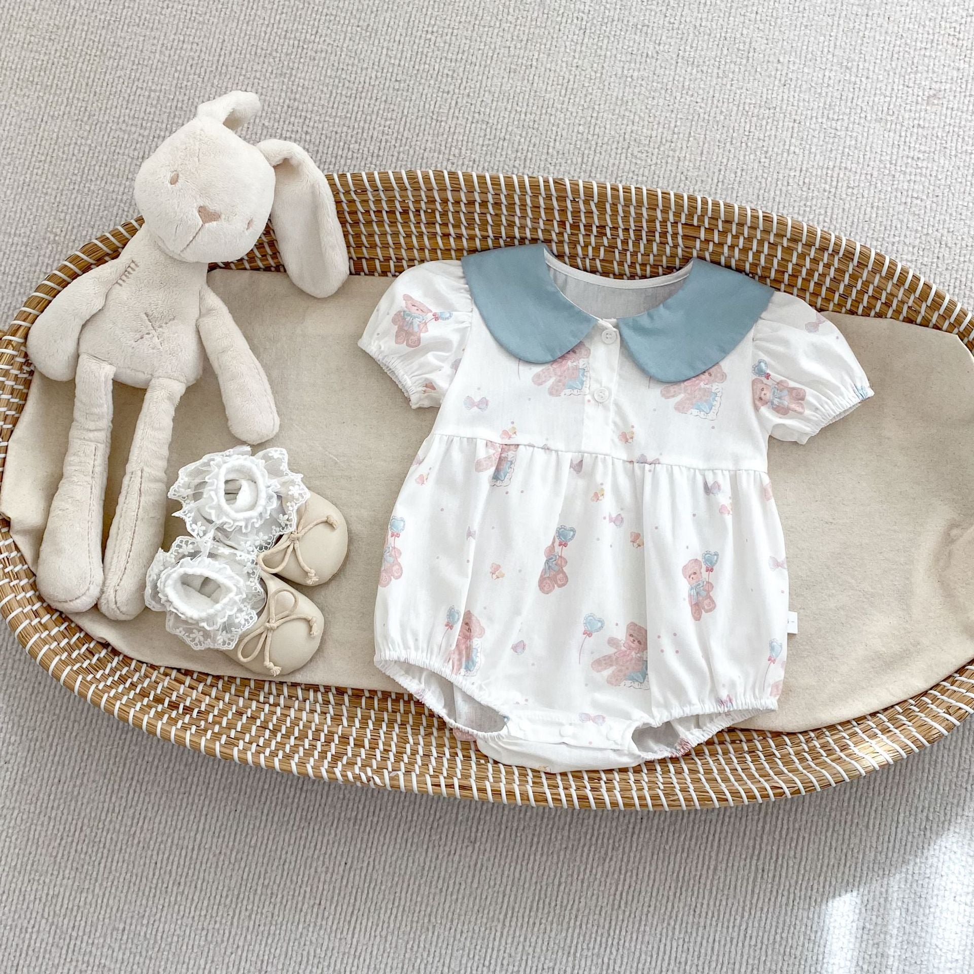 Summer Arrival Baby Girls Short Sleeves Thin Teddy Pattern Onesies, MyKids-USA®, Baby One-Pieces, MyKids-USA - Size/Age - 66 (3-6M) - Color - Blue -  -  - TR2503092158-A